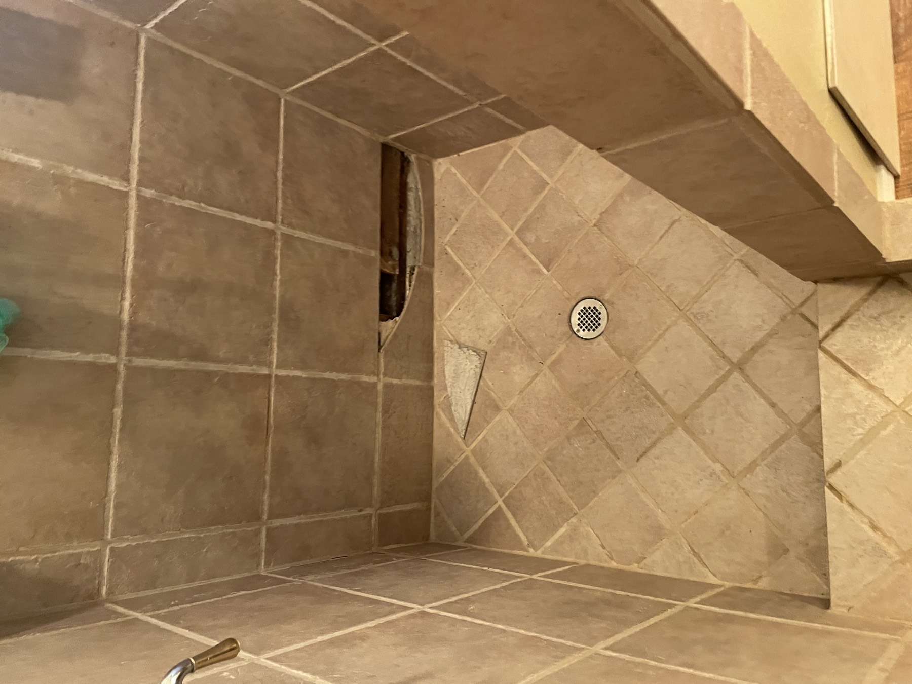 Shower clean, seal & tile repair — before
